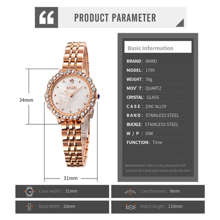 SKMEI 1799 Pearl Diamond Round Dial Stainless Steel Strap Quartz Watch for Ladies(Rose Gold and White Surface)-garmade.com