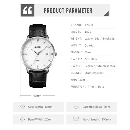 SKMEI 1801 Men Casual Calendar Quartz Watch(Silver White Black)-garmade.com