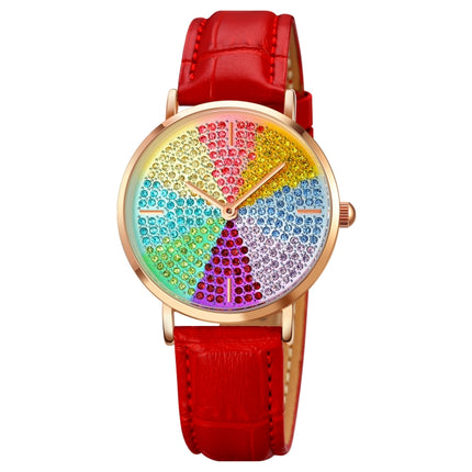SKMEI 1811 Eight Color Diamond Round Dial Quartz Watch for Ladies(Red Leather Belt)-garmade.com
