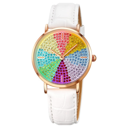SKMEI 1811 Eight Color Diamond Round Dial Quartz Watch for Ladies(White Leather Belt)-garmade.com