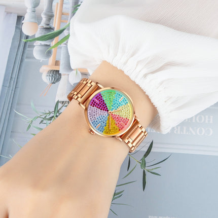 SKMEI 1811 Eight Color Diamond Round Dial Quartz Watch for Ladies(Rose Gold Steel Belt)-garmade.com