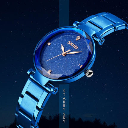 SKMEI 9180 Starry Sky Dial Stainless Steel Strap Quartz Watch for Ladies(Blue)-garmade.com