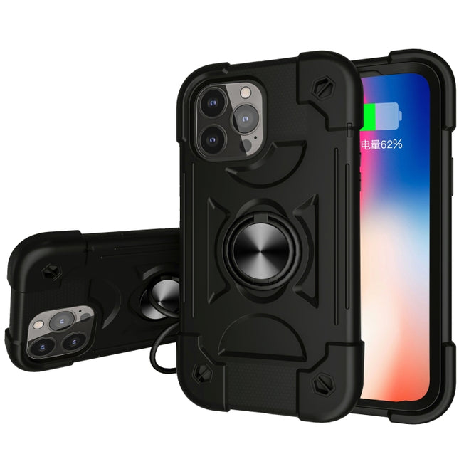 Shockproof Silicone + PC Protective Case with Dual-Ring Holder For iPhone 13(Black)-garmade.com