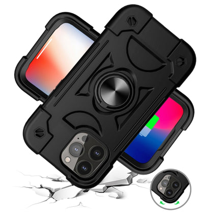 Shockproof Silicone + PC Protective Case with Dual-Ring Holder For iPhone 13(Black)-garmade.com