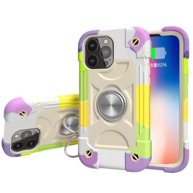 Shockproof Silicone + PC Protective Case with Dual-Ring Holder For iPhone 13(Colorful Beige)-garmade.com