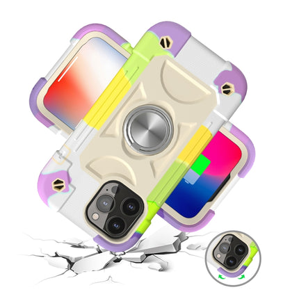 Shockproof Silicone + PC Protective Case with Dual-Ring Holder For iPhone 13(Colorful Beige)-garmade.com