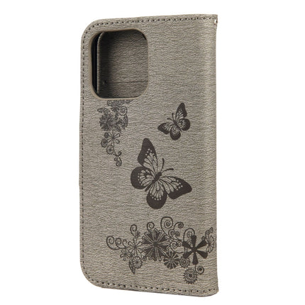 Vintage Embossed Floral Butterfly Pattern Horizontal Flip Leather Case with Card Slot & Holder & Wallet & Lanyard For iPhone 13 mini(Grey)-garmade.com