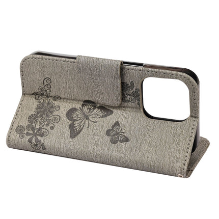Vintage Embossed Floral Butterfly Pattern Horizontal Flip Leather Case with Card Slot & Holder & Wallet & Lanyard For iPhone 13 mini(Grey)-garmade.com