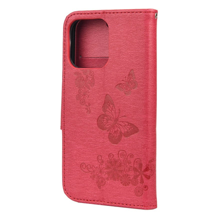 Vintage Embossed Floral Butterfly Pattern Horizontal Flip Leather Case with Card Slot & Holder & Wallet & Lanyard For iPhone 13 mini(Red)-garmade.com