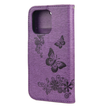 Vintage Embossed Floral Butterfly Pattern Horizontal Flip Leather Case with Card Slot & Holder & Wallet & Lanyard For iPhone 13 mini(Purple)-garmade.com