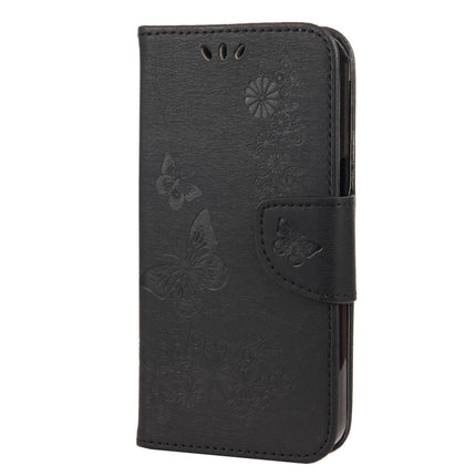 Vintage Embossed Floral Butterfly Pattern Horizontal Flip Leather Case with Card Slot & Holder & Wallet & Lanyard For iPhone 13(Black)-garmade.com