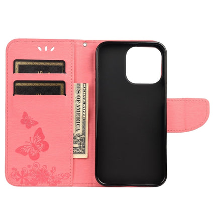 Vintage Embossed Floral Butterfly Pattern Horizontal Flip Leather Case with Card Slot & Holder & Wallet & Lanyard For iPhone 13(Pink)-garmade.com