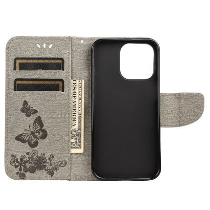Vintage Embossed Floral Butterfly Pattern Horizontal Flip Leather Case with Card Slot & Holder & Wallet & Lanyard For iPhone 13(Grey)-garmade.com