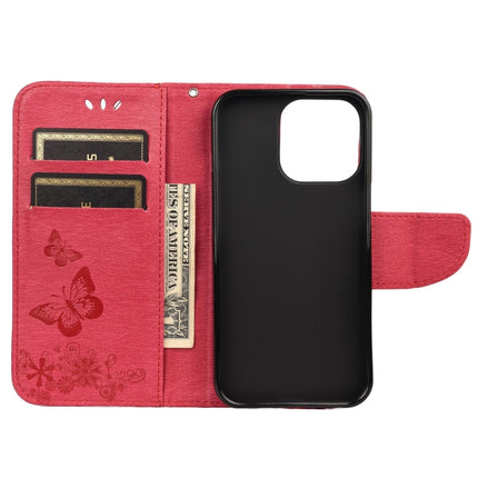 Vintage Embossed Floral Butterfly Pattern Horizontal Flip Leather Case with Card Slot & Holder & Wallet & Lanyard For iPhone 13(Red)-garmade.com