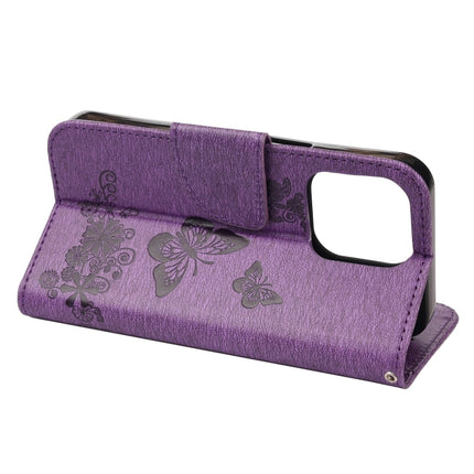 Vintage Embossed Floral Butterfly Pattern Horizontal Flip Leather Case with Card Slot & Holder & Wallet & Lanyard For iPhone 13(Purple)-garmade.com