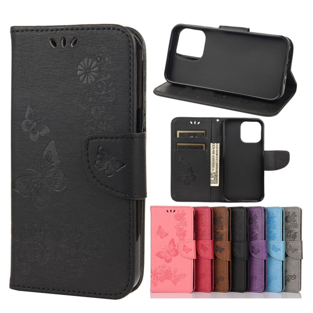 Vintage Embossed Floral Butterfly Pattern Horizontal Flip Leather Case with Card Slot & Holder & Wallet & Lanyard For iPhone 13 Pro(Black)-garmade.com