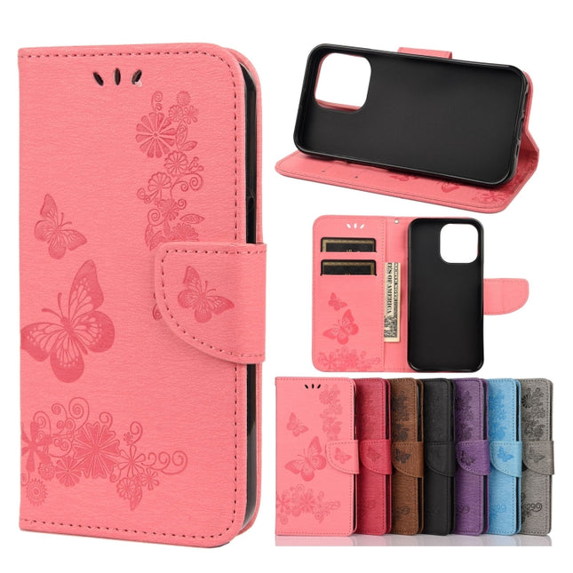 Vintage Embossed Floral Butterfly Pattern Horizontal Flip Leather Case with Card Slot & Holder & Wallet & Lanyard For iPhone 13 Pro(Pink)-garmade.com