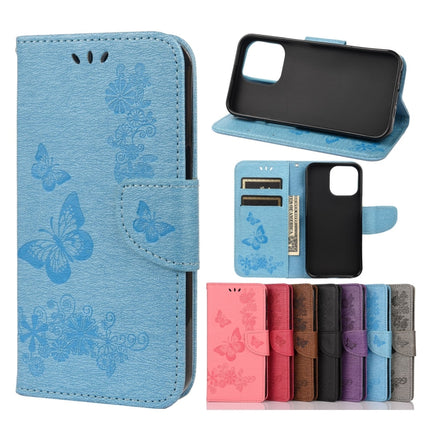 Vintage Embossed Floral Butterfly Pattern Horizontal Flip Leather Case with Card Slot & Holder & Wallet & Lanyard For iPhone 13 Pro(Blue)-garmade.com