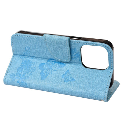Vintage Embossed Floral Butterfly Pattern Horizontal Flip Leather Case with Card Slot & Holder & Wallet & Lanyard For iPhone 13 Pro(Blue)-garmade.com