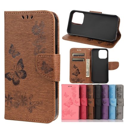 Vintage Embossed Floral Butterfly Pattern Horizontal Flip Leather Case with Card Slot & Holder & Wallet & Lanyard For iPhone 13 Pro(Brown)-garmade.com