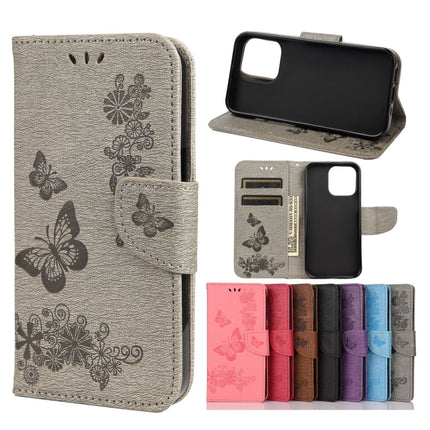 Vintage Embossed Floral Butterfly Pattern Horizontal Flip Leather Case with Card Slot & Holder & Wallet & Lanyard For iPhone 13 Pro(Grey)-garmade.com