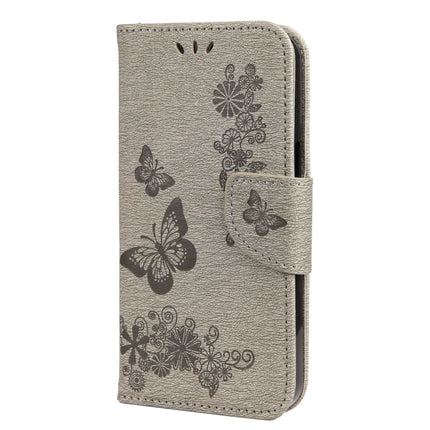 Vintage Embossed Floral Butterfly Pattern Horizontal Flip Leather Case with Card Slot & Holder & Wallet & Lanyard For iPhone 13 Pro(Grey)-garmade.com