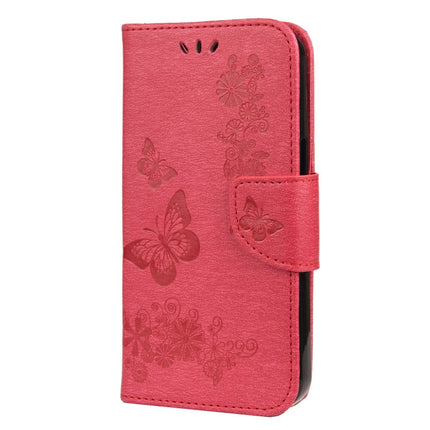 Vintage Embossed Floral Butterfly Pattern Horizontal Flip Leather Case with Card Slot & Holder & Wallet & Lanyard For iPhone 13 Pro(Red)-garmade.com