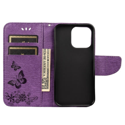 Vintage Embossed Floral Butterfly Pattern Horizontal Flip Leather Case with Card Slot & Holder & Wallet & Lanyard For iPhone 13 Pro(Purple)-garmade.com