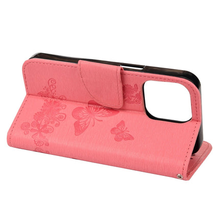 Vintage Embossed Floral Butterfly Pattern Horizontal Flip Leather Case with Card Slot & Holder & Wallet & Lanyard For iPhone 13 Pro Max(Pink)-garmade.com