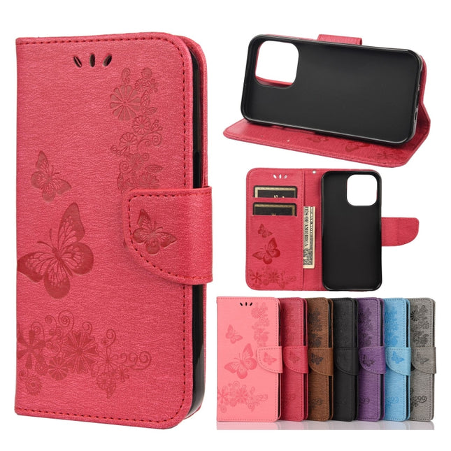 Vintage Embossed Floral Butterfly Pattern Horizontal Flip Leather Case with Card Slot & Holder & Wallet & Lanyard For iPhone 13 Pro Max(Red)-garmade.com