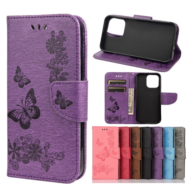 Vintage Embossed Floral Butterfly Pattern Horizontal Flip Leather Case with Card Slot & Holder & Wallet & Lanyard For iPhone 13 Pro Max(Purple)-garmade.com