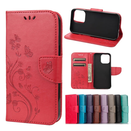 Butterfly Flower Pattern Horizontal Flip Leather Case with Holder & Card Slots & Wallet For iPhone 13 mini(Red)-garmade.com