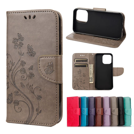 Butterfly Flower Pattern Horizontal Flip Leather Case with Holder & Card Slots & Wallet For iPhone 13(Grey)-garmade.com