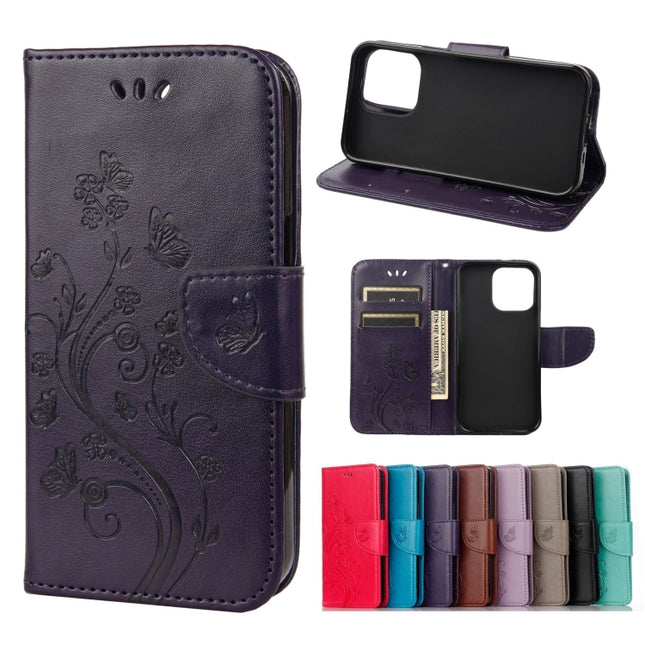 Butterfly Flower Pattern Horizontal Flip Leather Case with Holder & Card Slots & Wallet For iPhone 13(Deep Purple)-garmade.com