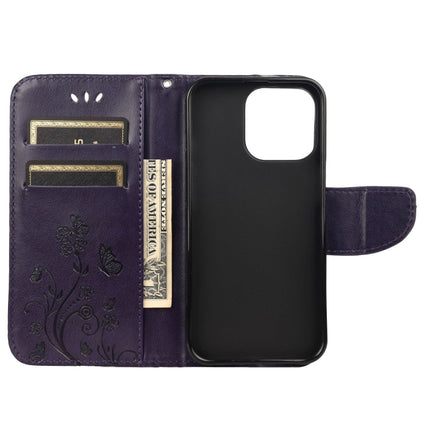 Butterfly Flower Pattern Horizontal Flip Leather Case with Holder & Card Slots & Wallet For iPhone 13 Pro(Deep Purple)-garmade.com