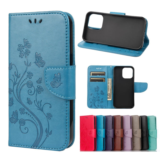 Butterfly Flower Pattern Horizontal Flip Leather Case with Holder & Card Slots & Wallet For iPhone 13 Pro(Blue)-garmade.com
