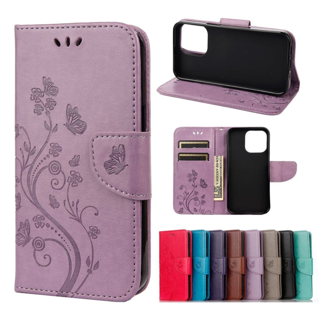Butterfly Flower Pattern Horizontal Flip Leather Case with Holder & Card Slots & Wallet For iPhone 13 Pro Max(Light Purple)-garmade.com
