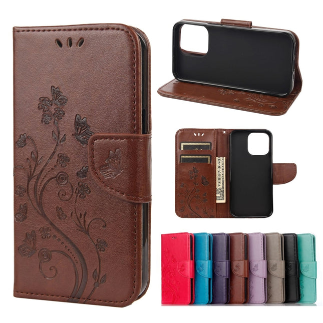 Butterfly Flower Pattern Horizontal Flip Leather Case with Holder & Card Slots & Wallet For iPhone 13 Pro Max(Brown)-garmade.com