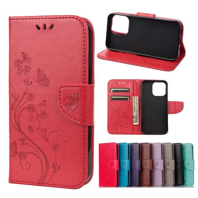 Butterfly Flower Pattern Horizontal Flip Leather Case with Holder & Card Slots & Wallet For iPhone 13 Pro Max(Red)-garmade.com