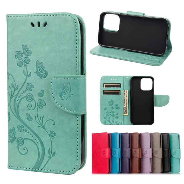 Butterfly Flower Pattern Horizontal Flip Leather Case with Holder & Card Slots & Wallet For iPhone 13 Pro Max(Green)-garmade.com