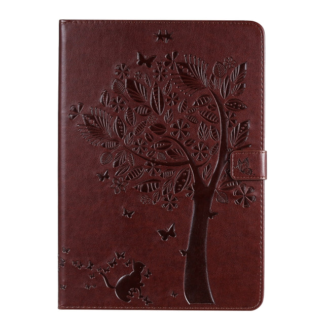 For iPad 10.2 / Pro 10.5 / Air 2019 Pressed Printing Cat and Tree Pattern Horizontal Flip Leather Case with Holder & Card Slots & Wallet(Brown)-garmade.com