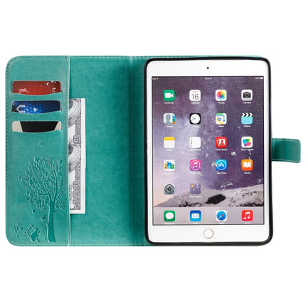 For iPad Mini 2019 & 4 & 3 & 2 & 1 Pressed Printing Cat and Tree Pattern Horizontal Flip Leather Case with Holder & Card Slots & Wallet(Green)-garmade.com