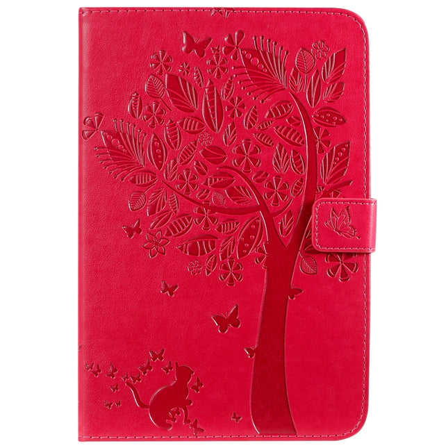 For iPad Mini 2019 & 4 & 3 & 2 & 1 Pressed Printing Cat and Tree Pattern Horizontal Flip Leather Case with Holder & Card Slots & Wallet(Rose Red)-garmade.com
