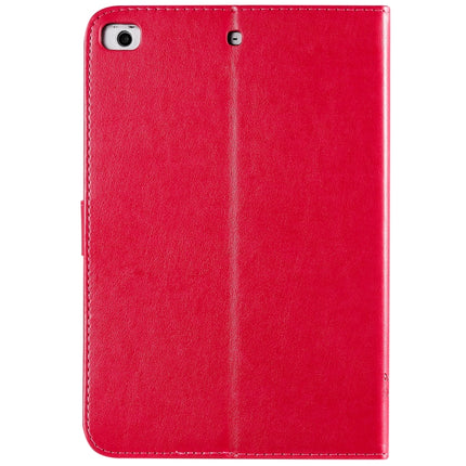 For iPad Mini 2019 & 4 & 3 & 2 & 1 Pressed Printing Cat and Tree Pattern Horizontal Flip Leather Case with Holder & Card Slots & Wallet(Rose Red)-garmade.com