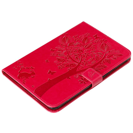 For iPad Mini 2019 & 4 & 3 & 2 & 1 Pressed Printing Cat and Tree Pattern Horizontal Flip Leather Case with Holder & Card Slots & Wallet(Rose Red)-garmade.com