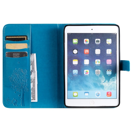 For iPad Mini 2019 & 4 & 3 & 2 & 1 Pressed Printing Cat and Tree Pattern Horizontal Flip Leather Case with Holder & Card Slots & Wallet(Blue)-garmade.com