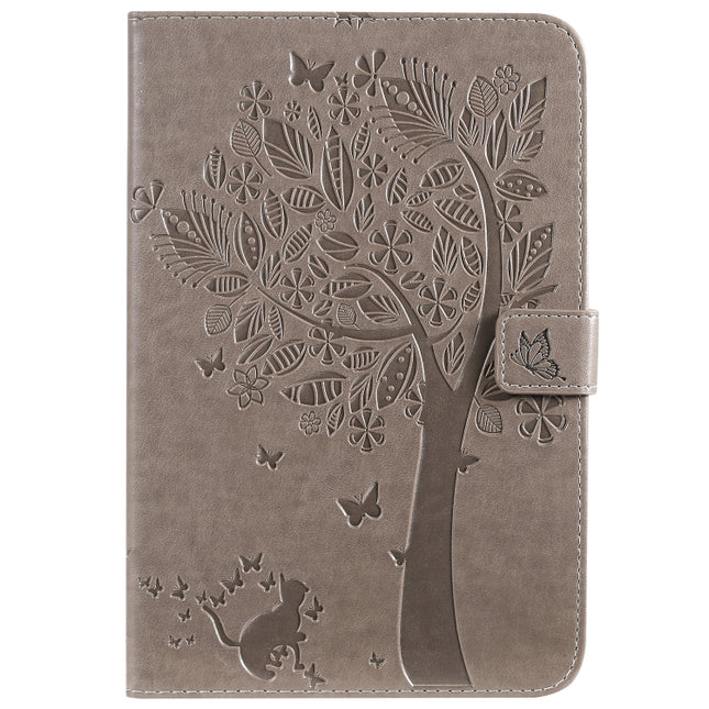 For iPad Mini 2019 & 4 & 3 & 2 & 1 Pressed Printing Cat and Tree Pattern Horizontal Flip Leather Case with Holder & Card Slots & Wallet(Grey)-garmade.com
