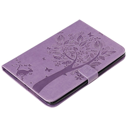 For iPad Mini 2019 & 4 & 3 & 2 & 1 Pressed Printing Cat and Tree Pattern Horizontal Flip Leather Case with Holder & Card Slots & Wallet(Purple)-garmade.com