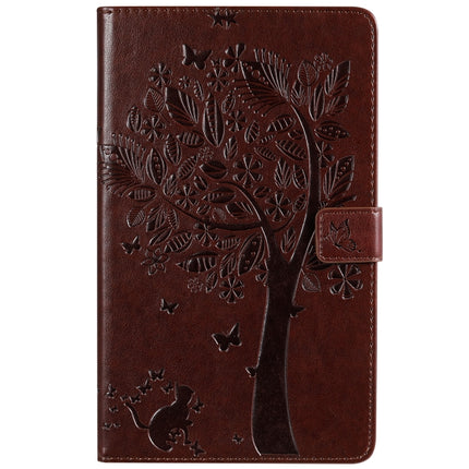 For Galaxy Tab A 8.0 (2019) T295/T290 Pressed Printing Cat and Tree Pattern Horizontal Flip Leather Case with Holder & Card Slots & Wallet(Brown)-garmade.com