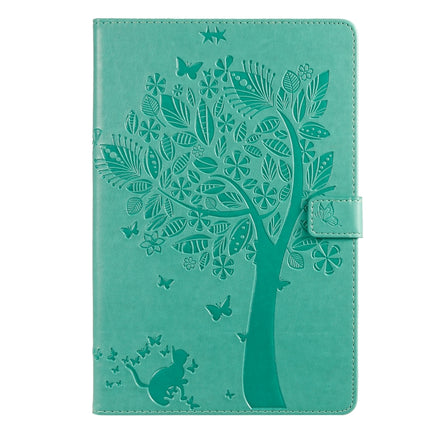 For Galaxy Tab S5e Pressed Printing Cat and Tree Pattern Horizontal Flip Leather Case with Holder & Card Slots & Wallet(Green)-garmade.com